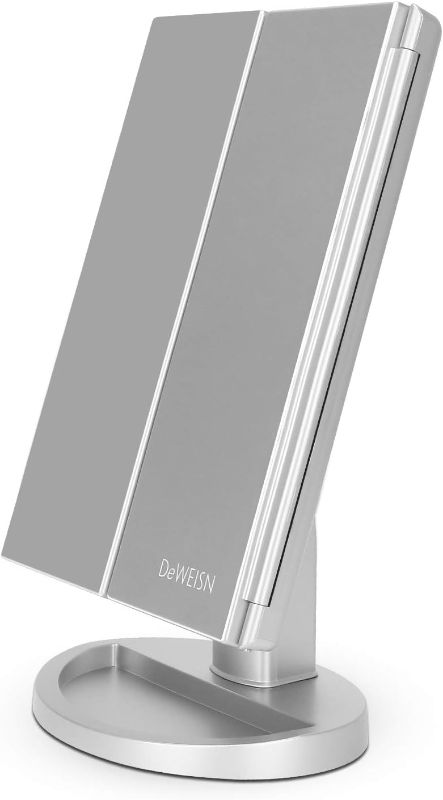 Photo 1 of 
deweisn Tri-Fold Lighted Vanity Tabletop Mount Mirror with 21 LED Lights, Touch Screen and 3X/2X/1X Magnification, Two Power Supply Modes Make Up Mirror...