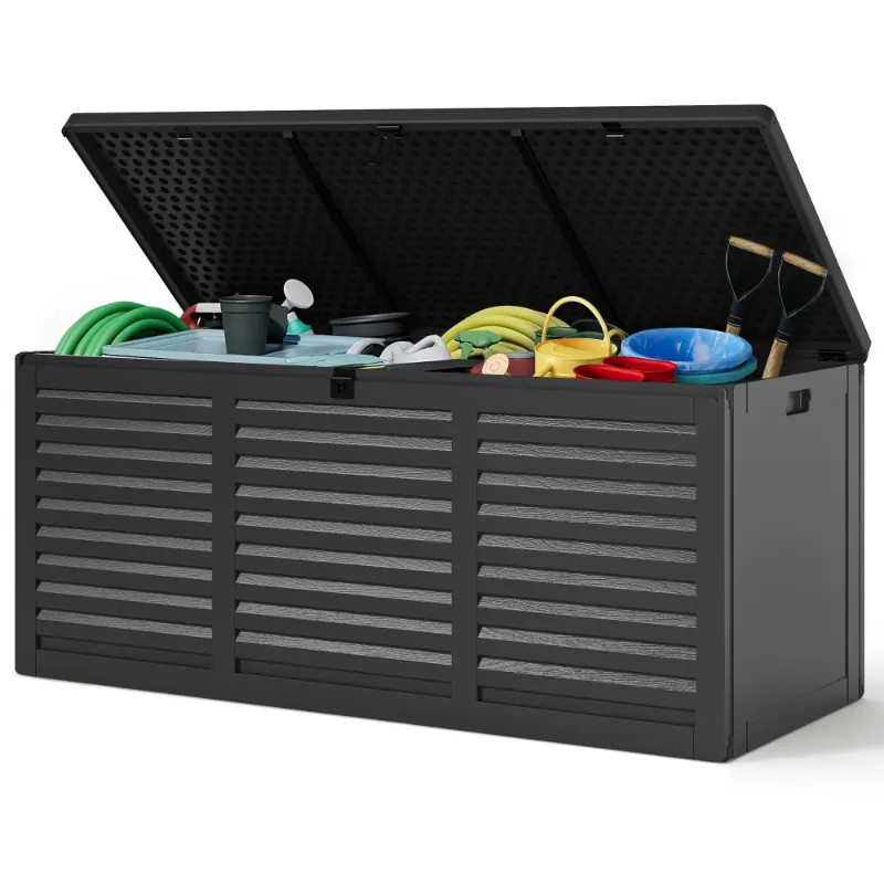Photo 1 of 130 Gallon Resin Deck Box, Outdoor Lockable Storage Container for Patio Cushions, Garden Tools, Pool Supplies, Toys, Waterproof and UV Resistant, Reinforced Rib Design, Black
