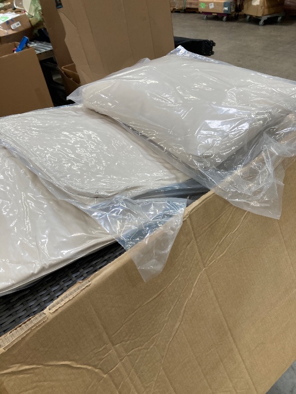 Photo 1 of ***3 BOXES, BOX #1, #2, #3 SOLD AS SET***MISSING HARDWARE*** 
 7 Pieces Patio Furniture Sets, Outdoor Wicker Conversation Sets with Plastic Wooden Table and 3 Ottoman, Modern Rattan Patio Chairs Conversation Sets for Garden, Balconies, Poolside (Grey/Beig