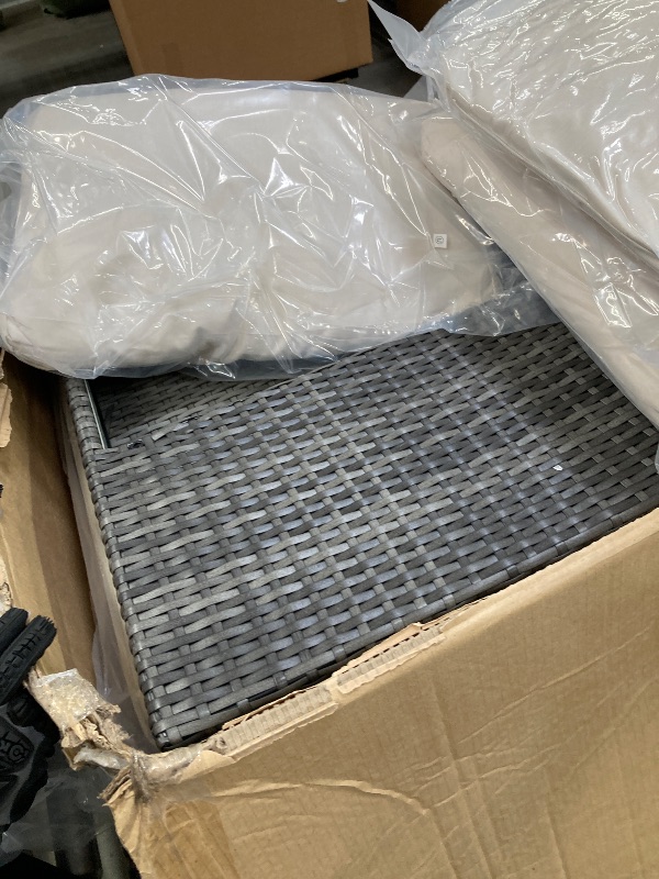 Photo 1 of ***3 BOXES, BOX #1, #2, #3 SOLD AS SET***MISSING HARDWARE*** 
 7 Pieces Patio Furniture Sets, Outdoor Wicker Conversation Sets with Plastic Wooden Table and 3 Ottoman, Modern Rattan Patio Chairs Conversation Sets for Garden, Balconies, Poolside (Grey/Beig