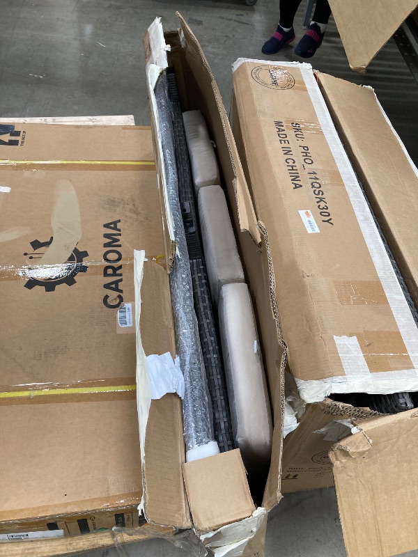 Photo 1 of ***3 BOXES, BOX #1, #2, #3 SOLD AS SET***MISSING HARDWARE*** 
 7 Pieces Patio Furniture Sets, Outdoor Wicker Conversation Sets with Plastic Wooden Table and 3 Ottoman, Modern Rattan Patio Chairs Conversation Sets for Garden, Balconies, Poolside (Grey/Beig