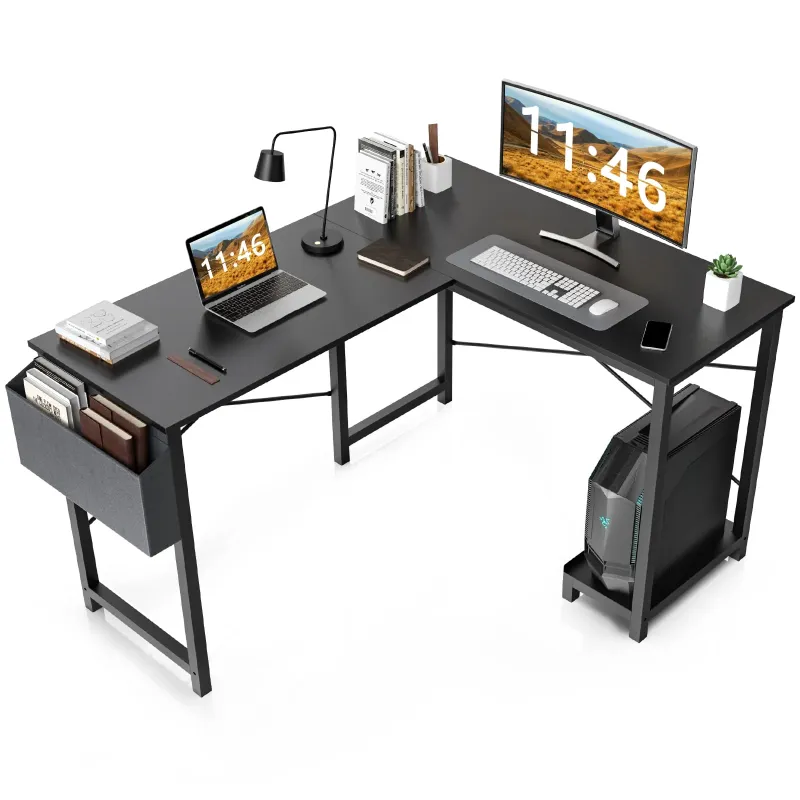 Photo 1 of ***(PARTS ONLY -MISSING PIECES -SELLING AS PARTS ONLY)*** 
CONCETTA L Shaped Computer Desk with Wooden Desktop CPU Stand Side Bag Reversible, Black, ***(BOX RIPPED/TORN)*** 