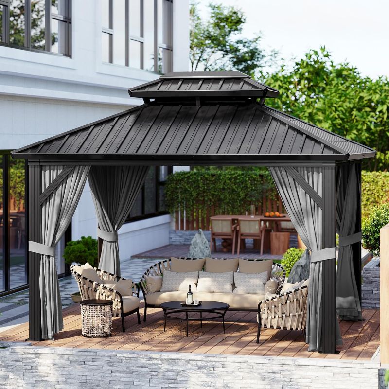 Photo 1 of 10x10 Hardtop Gazebo with Netting and Curtains for All Weather, Metal Gazebo with Double Roof, Aluminum Alloy Frame, Net, and Curtain, Permanent Building for Patio, Deck, Backyard, Lawn, Garden
