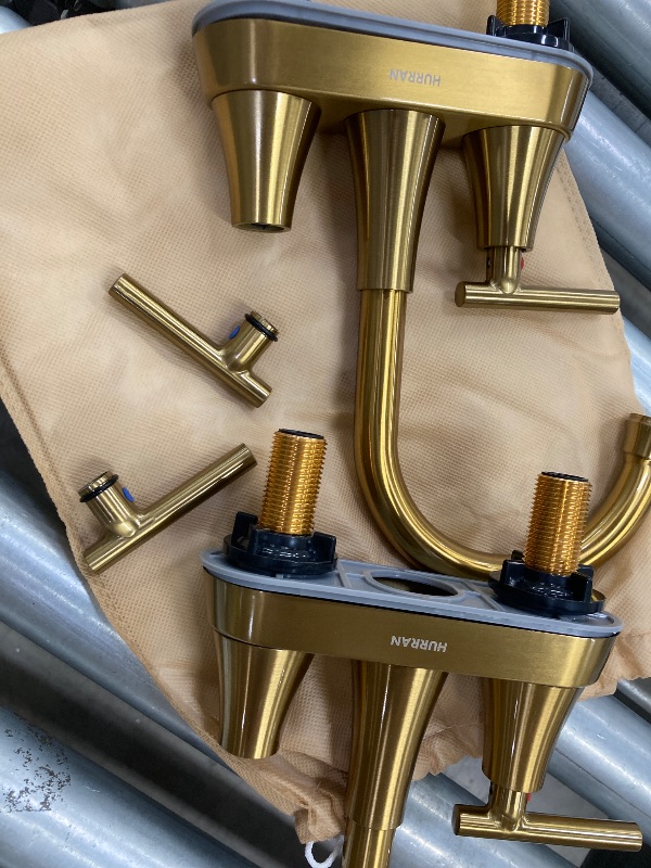 Photo 1 of **PARTS ONY/BOTH HAVE BROKEN KNOBS**Bathroom Faucets for Sink 3 Hole, Hurran 4 inch Brushed Gold Bathroom Sink Faucet with Pop-up Drain and Supply Hoses, Stainless Steel Lead-Free Centerset Faucet for Vanity RV, 2 Pack