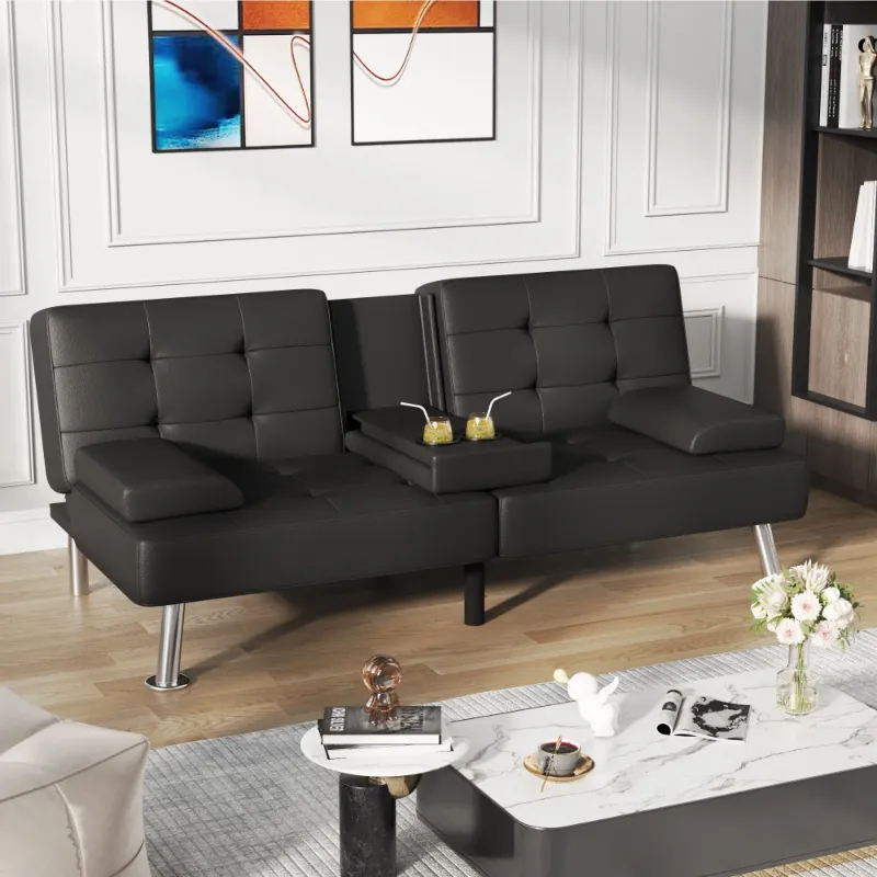 Photo 1 of **LARGE CUT IN LEATHER SEAT**Homall Futon Sofa Bed Faux Leather Couch Modern Convertible Folding Recliner with 2 Cup Holders
