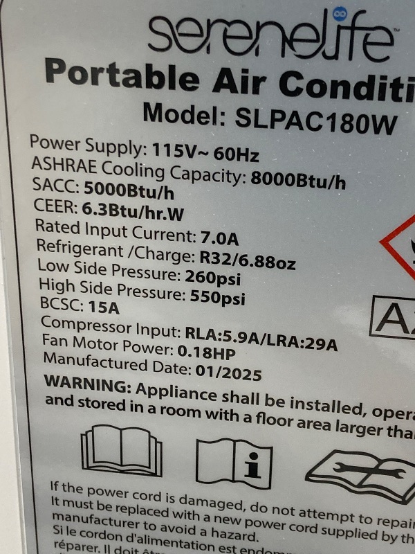 Photo 1 of  ***(SELLING AS PARTS ONLY, PLUG PRONG BENT, NO REMOTE, SOME SCUFFS/SCRATCHES, BOX RIPPED/TORN)*** Serene Life SLPAC180W Portable Conditioner-3-in-1 Compact Standing Air Conditioner for Room Up to, Floor AC Unit with Remote Control, Universal Casters, Win