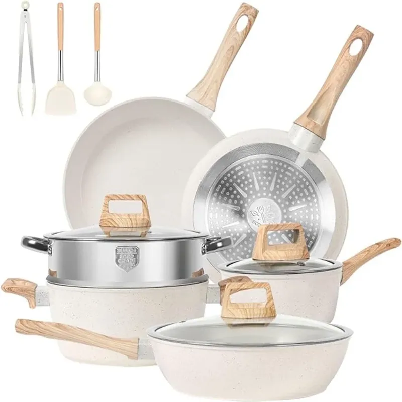 Photo 1 of 12pcs Pots and Pans Set Non Stick Granite Skillet Frying Kitchen Cooking Cookware for Daily Cooking-White
