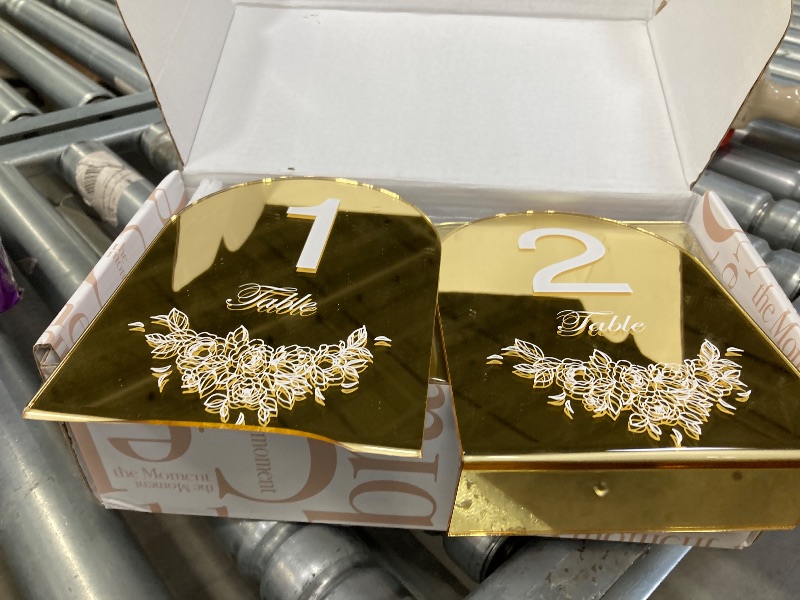 Photo 1 of **BASE BROKE OFF NUMBER 1**UNIQOOO Gold Mirror Wedding Table Numbers with Stands set, 5x7'' Acrylic Arch Signs with Holders and Printed Calligraphy, Seat Display Wedding Decor Perfect for Centerpiece, Reception NUMBERS 1-20