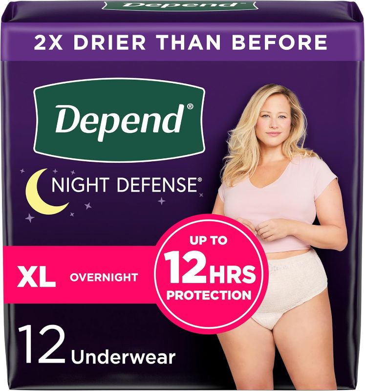 Photo 1 of [4x 12 Packs] Depend Night Defense Adult Incontinence & Postpartum Bladder Leak Underwear for Women, Disposable, Overnight, Extra-Large, Blush, 12 Count, Packaging May Vary