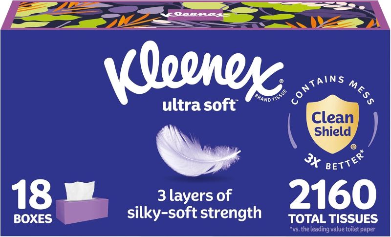Photo 1 of [Many boxes crushed] Kleenex Ultra Soft Facial Tissues, 18 Flat Boxes, 120 Tissues per Box, 3-Ply (2,160 Total Tissues), Packaging May Vary