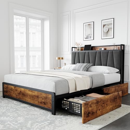 Photo 1 of [Similar to Stock Photo, but not the same] GARVEE Full Bed Frame with Natural Rattan Headboard + LED Lights + Storage + Strong Wood Slats Support + No Box Spring Needed + Easy Assembly + Suitable for Various Bedroom Styles