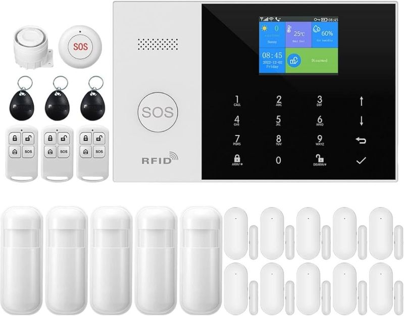 Photo 1 of **new open box return**GSM Smart Home Security Alarm Kit, Wireless WiFi Home Alarm System with Siren, PIR Motion Sensor, Remote Controls, Window/Door Sensor, Support SMS Push/APP Connection (24pcs kit)
