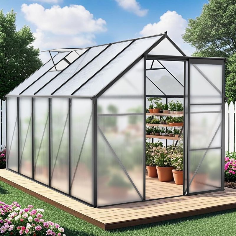 Photo 1 of 10 x 8 FT Greenhouse for Outdoors - Aluminum Polycarbonate Greenhouses with 2 Adjustable Roof Vents, Sliding Lockable Door, Walk-in Greenhouses for Sunroom Patio, Backyard, Garden, in All Season