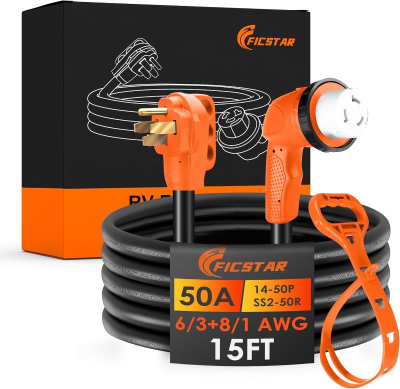 Photo 1 of 
Ficstar 50 Amp RV Extension Cord 15 ft, Heavy Duty 6/3+8/1 SJTW AWG RV Power Cord with Grip Handle Twist Lock, NEMA 14-50P to SS2-50R with Polarity Lamp