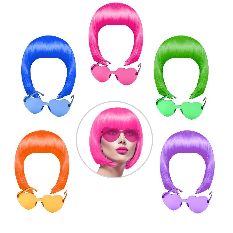 Photo 1 of 10 Pieces Party Wigs and Sunglass Set, Neon Short Bob Wig Sunglass Pack Costume Colorful Cosplay Wig Daily Party Hairpieces for Bachelorette Neon...