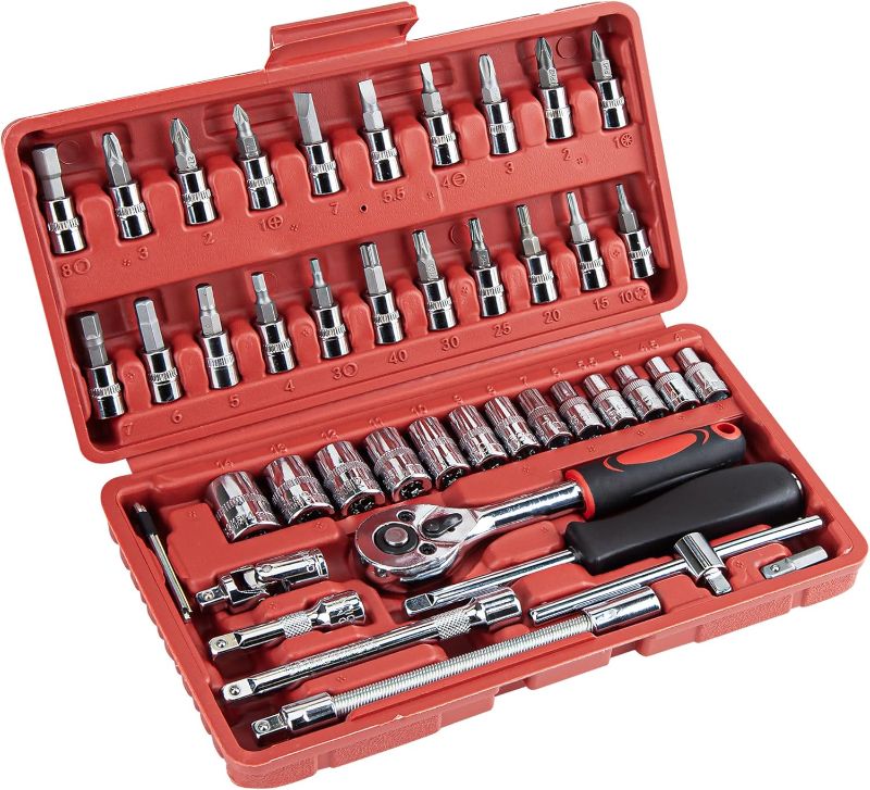 Photo 1 of 
CARTMAN 46 Pieces 1/4 inch Drive Socket Ratchet Wrench Tool Set with Bit Socket Set Metric and Extension Bar for Auto Repairing and Household with Storage Case
Style:46 Piece