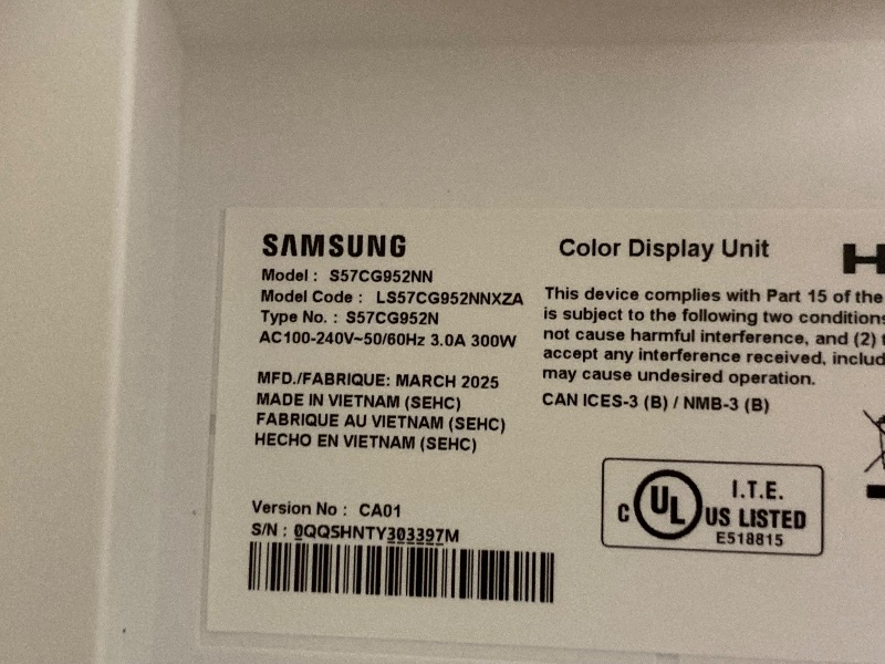Photo 1 of **OPENED IN NELLIS WAREHOUSE**SAMSUNG 57" Odyssey Neo G9 Series Dual 4K UHD 1000R Curved Gaming Monitor, 240Hz, 1ms with DisplayPort 2.1, Quantum Mini-LED, DisplayHDR 1000, AMD FreeSync Premium Pro, LS57CG952NNXZA, 2023