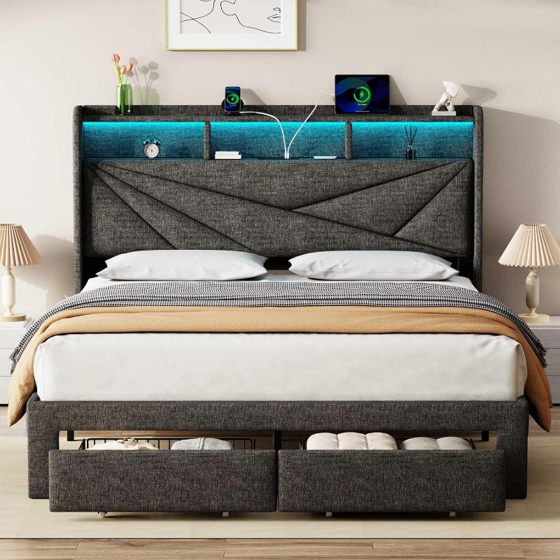 Photo 1 of *BED NOT INCLUDED* LED King Size Bed Frame with 2 Storage Drawers, Upholstered King Bed Frame with Headboard and Charging Station, No Box Spring Needed, Easy to Assembly-Dark Grey