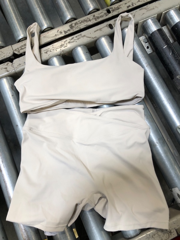 Photo 1 of * similar * ABOCIW Workout Sets for Women Square Neck Sports Bra Crossover Waist Scrunch Butt Lifting Shorts 2 Piece Gym Color  beige size L