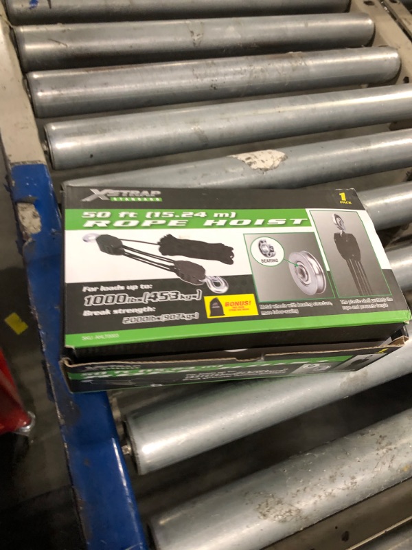 Photo 1 of ?XSTRAP STANDARD Heavy-Duty Block and Tackle Pulley System, 1000LB wCapacity, 5:1 Lifting Power, 50FT Rope Hoist with 2 Soft Loops for Garage, Hunting, Tree Cutting, Deer Hoist, DIY Attic Lift, Black