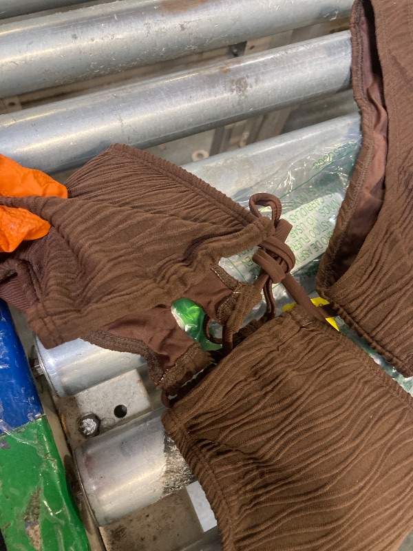 Photo 1 of *MISSING TOP ACCESSORY DAMAGE* ZAFUL Women's Strapless Wave Textured U Meta Lace Up Tie High Leg Bandeau Two Piece Swimwear(11-Deep Coffee,S)