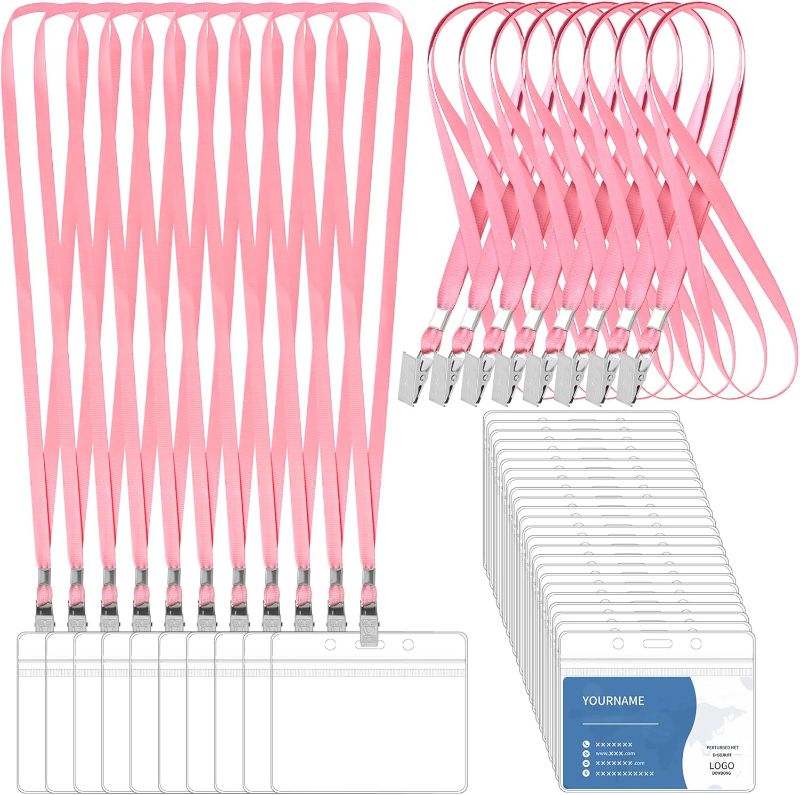 Photo 1 of 100 Pcs Lanyards for ID Badges and 100 Pcs Clear Name Tag Holders Reusable Lanyard with Clip Plastic ID Card Badge Holder Name Badges for Adults Kids Business School Office Supplies (Pink)