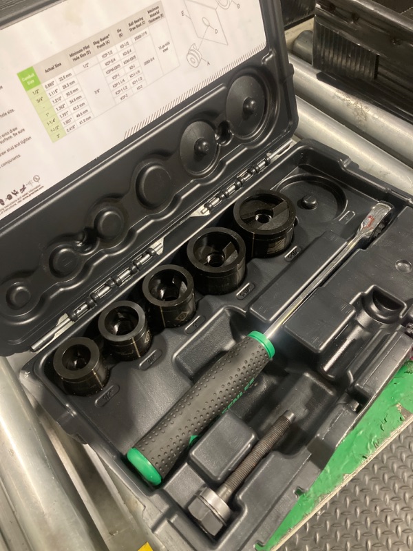 Photo 1 of ***PARTIAL SET
Greenlee 7238SB Slug-Buster Knockout Punch Kit with Hex Ratchet Wrench, 1/2" to 2" Punches, and 7/16" and 3/4" Draw Studs, Electrical Conduit Hole Cutter Kit