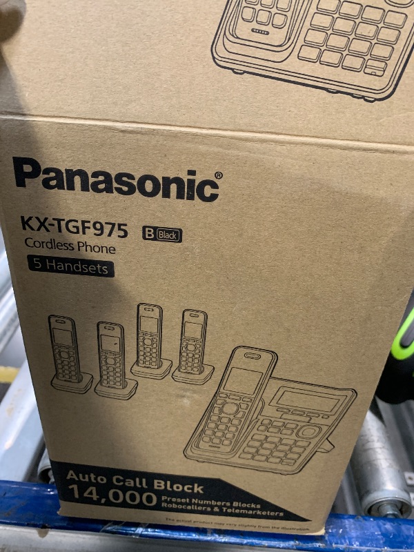 Photo 1 of Panasonic Cordless Phone with Advanced Call Block, Link2Cell Bluetooth, One-Ring Scam Alert, and 2-Way Recording with Answering Machine, 5 Handsets - KX-TGF975B (Black with Silver Trim)