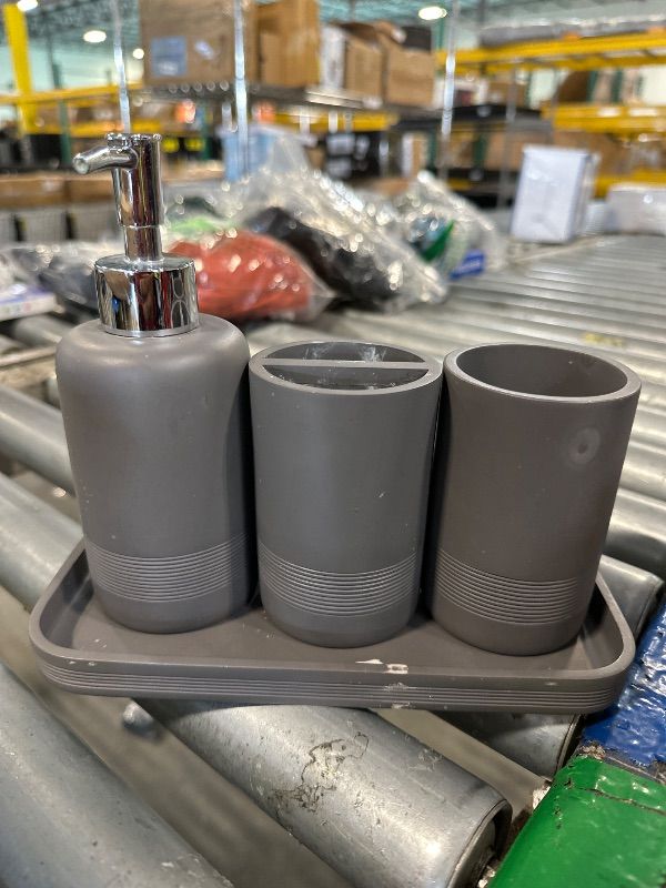 Photo 1 of **NEEDS TO BE CLEANED** Bathroom Accessories Set, 6-Piece Bathroom Accessory Set, Toothbrush Holders Set, Soap Dispenser, Vanity Tray, Tumbler, Cotton Swab Jars, Bathroom Organizer for Modern Bathrooms(DARK GREY)