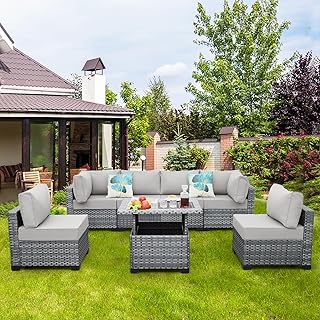 Photo 1 of *********set2/3*****7 Pieces Patio Furniture Set All-Weather Outdoor Wicker Sectional Conversation Sofa Rattan Patio Seating Sofa with Cushion and Glass Table and Ottoman for Porch Poolside,Beige
