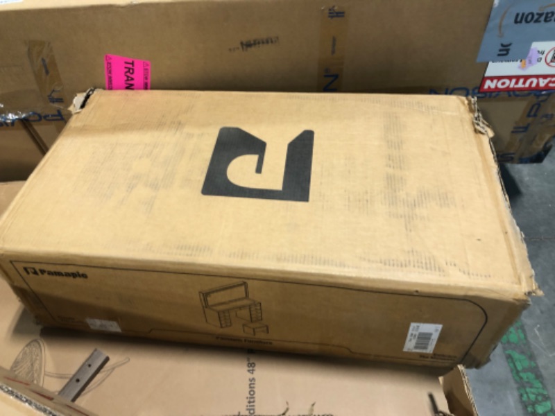 Photo 1 of ***MISSING HARDWARE***Pamapic Makeup Vanity with Crystal Knobs, Glass Top Vanity Desk with Mirror and Lights, Power Outlet, Drawers and Cabinet, 3 Lighting Color Adjustable Dressing Table, Upgraded Silent Slides, White