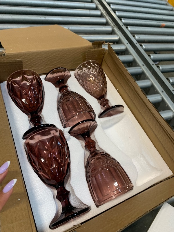 Photo 1 of ***MISSING ONE CUP***
CHLJAR Vintage Wine Glasses Set of 5, 12 OZ Colored Glass Water Goblets, Embossed Floral Decorative Crystal Glass Cups Set, Dishwasher Safe, for Wedding, Party, Red Wine Glass, Bars, Restaurants