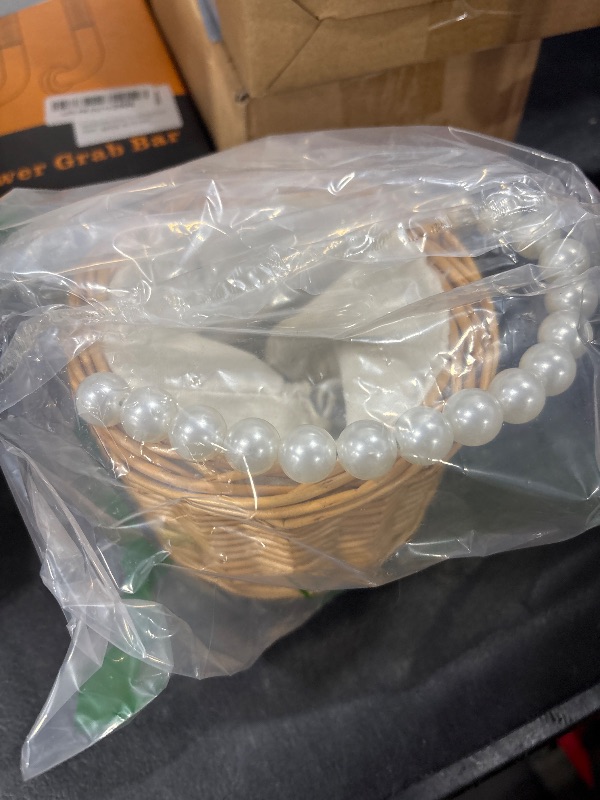 Photo 1 of Rustic Wicker Rattan Wedding Flower Girl Baskets,Woven Rattan Storage Basket with Pearl Handles,Woven Eggs Candy Basket for Wedding Home Garden Decor (A)