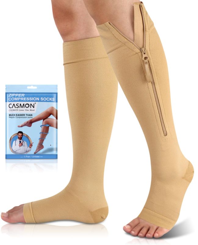 Photo 1 of CASMON 15-20mmHg Zipper Compression Socks for Women and Men, Knee High Compression Stockings, Medical Open Toe Support Socks for Varicose Veins, Post-surgery, Swelling, Nurses, Pregnancy (1 Pair)