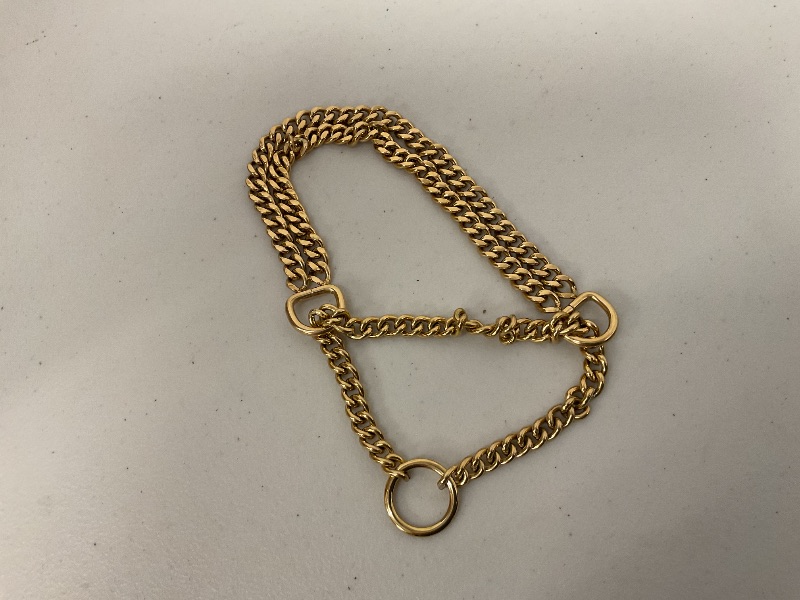 Photo 1 of Gold Dog Chain Collar Stainless Steel 18K Gold Dog Collar Adjustable Walking, Metal Cuban Link Dog Collar Chew Proof Double Row Chain Dog Collar for Large Small Medium Dogs (S 12" -16", 18K Gold)