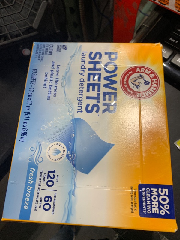 Photo 1 of ARM & HAMMER Power Sheets Laundry Detergent, Fresh Breeze 60 ct, up to 120 small loads