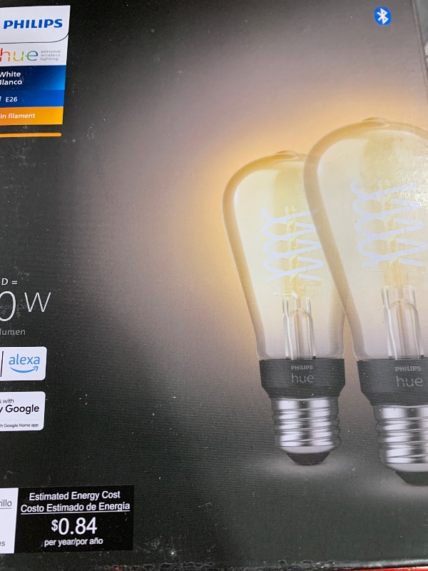 Photo 1 of Philips Hue Smart 60W ST19 Filament LED Bulb - Soft Warm White Light - 2 Pack - 550LM - E26 - Indoor - Control with Hue App - Compatible with Alexa, Google Assistant and Apple Homekit.
