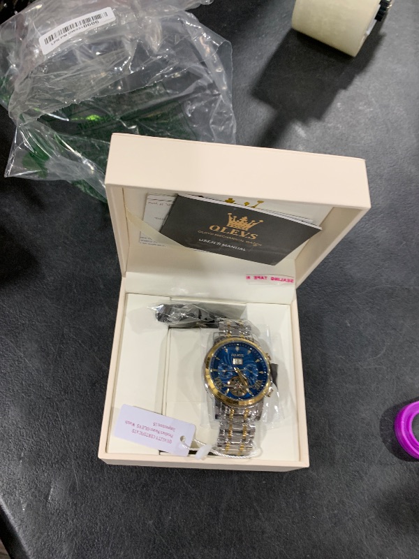 Photo 1 of OLEVS Men Automatic Watch Luxury Classic Mechanical Skeleton Stainless Steel Date Calendar Waterproof Luminous Two Tone Wrist Watches