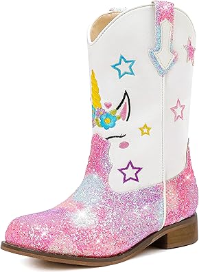 Photo 1 of Unicorn Girls Cowgirl Boots Mid Calf Square Toe Glitter Toddler Western Cowboy Boot Little Kid Big Kid Riding Shoes Princess Dress Up Party Birthday Dance Size 9