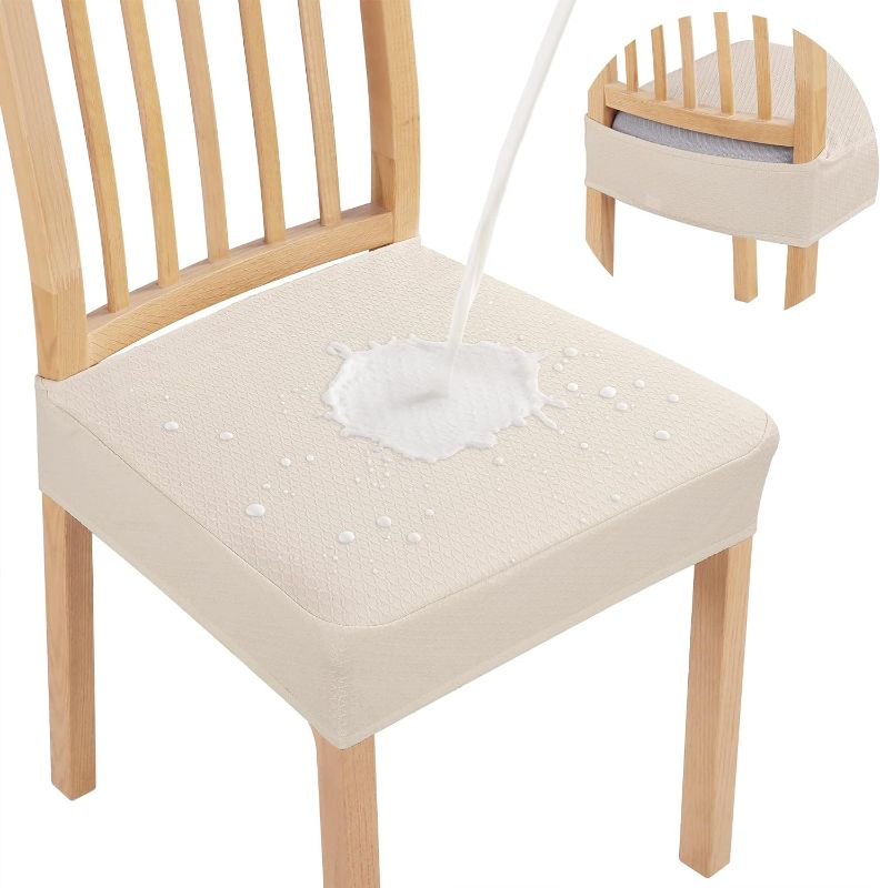 Photo 1 of Smiry Waterproof Seat Covers for Dining Room Chairs Set of 6 Stretch Jacquard Removable Washable Chair Seat Slipcovers Protector, No Rear Covers, Beige