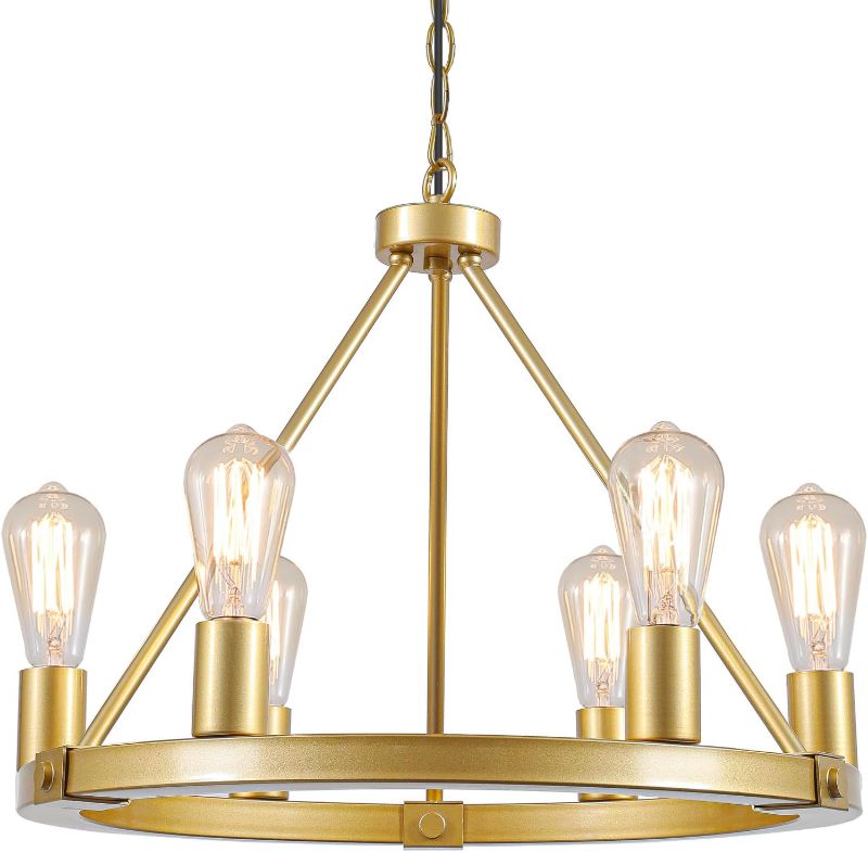 Photo 1 of 9MMML Gold Wagon Wheel Chandelier, 6-Light Industrial Pendant Light, 20'' Farmhouse Ceiling Hanging Chandelier Light Fixture for Living Room, Bedroom, Entryway, Foyer