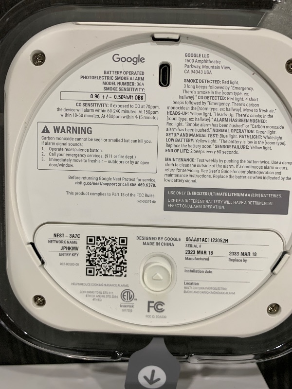 Photo 1 of Google Nest Protect - Smoke Alarm - Smoke Detector and Carbon Monoxide Detector - Wired, White