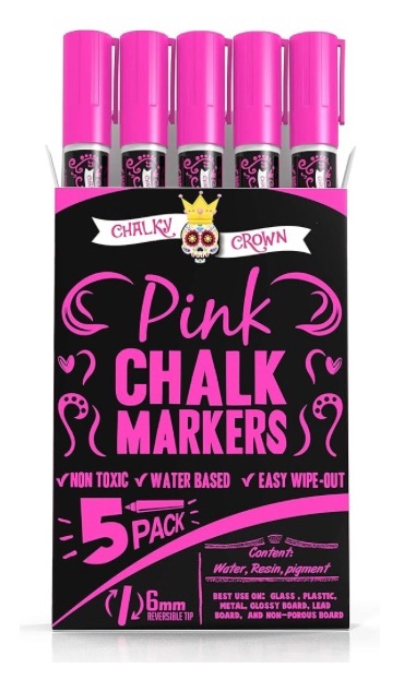 Photo 1 of CHALKY CROWN Liquid Chalk Marker Pen - Dry Erase Marker - Chalk Markers for Chalkboard Signs, Windows, Blackboard, Glass - 6mm Reversible Tip (Pink, 5 Pack)