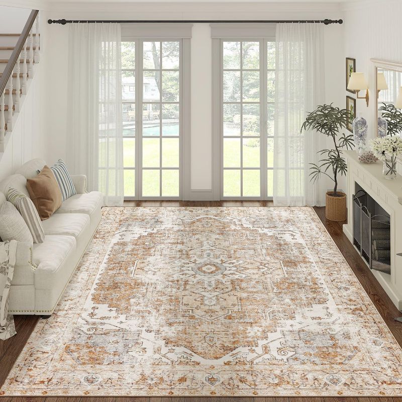 Photo 1 of JINCHAN Area Rug 9x6 Washable Living Room Rug Vintage Indoor Large Floor Cover Distressed Lightweight Non-Slip Low Pile Thin Mat Accent Stain Resistant Carpet for Bedroom Dining Room Office Brick Red
