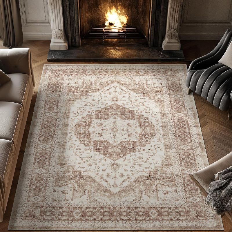 Photo 1 of jinchan Washable Area Rug 6x9 for Living Room Ultra-Thin Soft Vintage Low Pile Non Slip Distressed Rustic Carpet Floral Medallion Large Rug for Bedroom Dining Room Nursery Taupe Multi