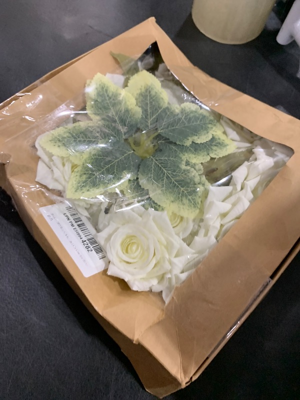 Photo 1 of Rzoukler 16PCS White Rose Artificial Flower Heads 4" Large Fake Silk Roses Bulk with Stems Faux Flowers White Roses Real Touch for DIY Wedding Bridal Bouquet Baby Shower Home Decoration (White)