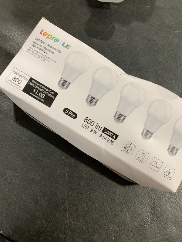 Photo 1 of LE LED Light Bulbs 60 Watt Equivalent, 9W 800 Lumens Non-Dimmable, Daylight White 5000K, A19 E26 Standard Medium Base, 10000 Hour Lifetime 5 Count (Pack of 1)