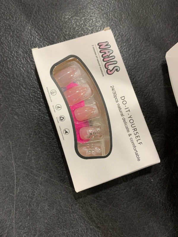 Photo 1 of DZPGUONIZ 24pcs Short Square Press on Nails French Tip Fake Nails White Flower with Star Design Glitter False Nails Luxury Nail Charms Crafts White Stripes Glue on Nails for Women Manicure Tips