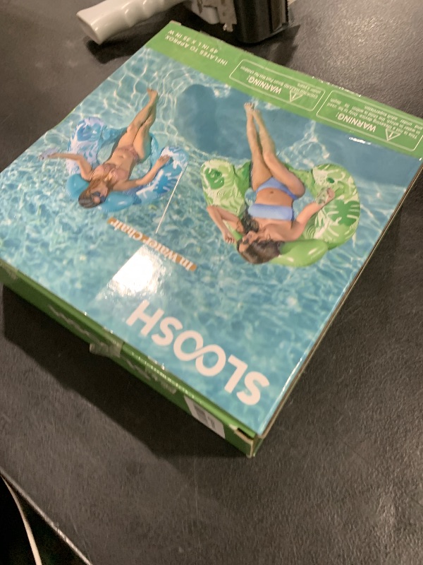 Photo 1 of SLOOSH Inflatable Pool Floats Adult,2 Pack Pool Chairs with Cup Holders,Blow up Floats Chair,Hammock Noodle Mat Leaves Design for Relaxing Summer Water Fun Swimming Party Beach,Blue,Green