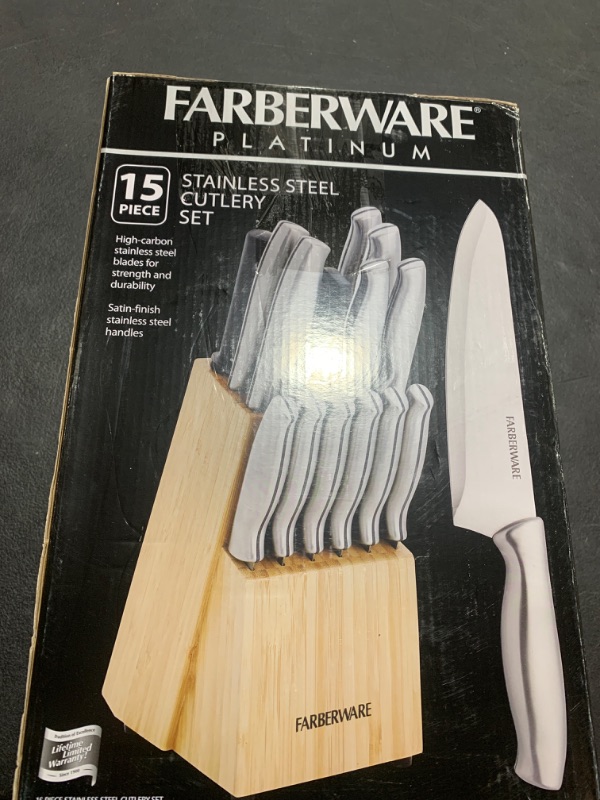 Photo 1 of Farberware 15-Piece Stamped Stainless Steel Knife Block Set, High-Carbon Stainless Steel Kitchen Knife Set with Ergonomic Handles, Razor-Sharp Knives with Wood Block, 15-Piece Set, Bamboo